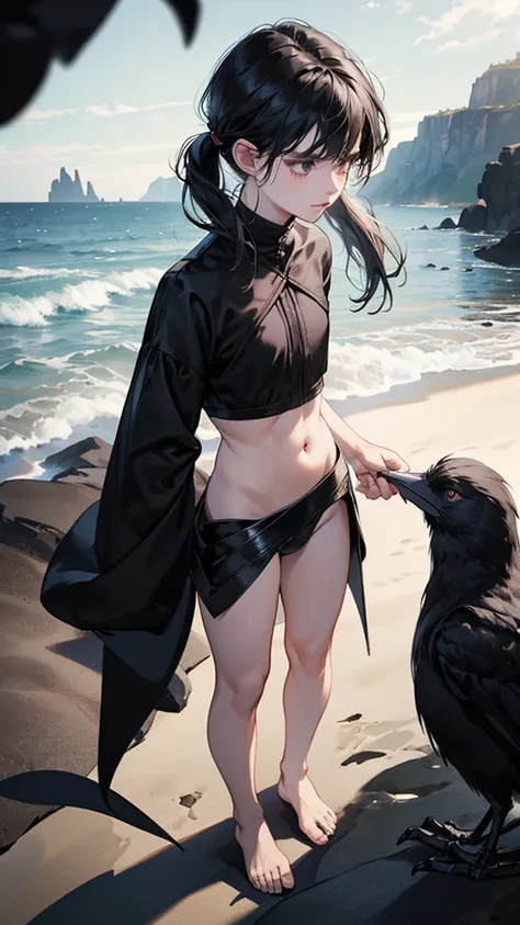 NSFW, short boy, feminine small shotacon, holding crow pet at hand, small fragile body, black fur clothes, little to no clothes (showing core body), black hair, mullet hair, bangs, shining sparkly black eyes, masterpiece, 8k, photorealistic, chiaroscuro li...