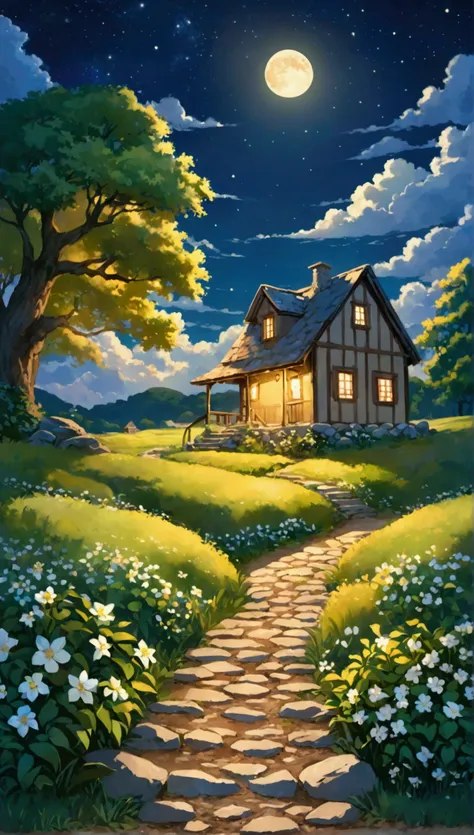 Create a serene nighttime scene that blends the tranquility of nature with the warmth of a cozy rural dwelling. The sky should be a deep, rich blue, filled with glowing clouds and scattered stars. A bright full moon is positioned near the center, casting a...