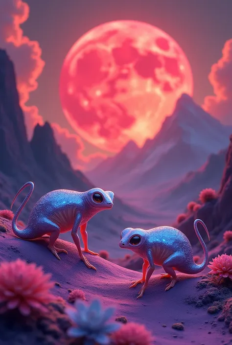 Life on Other Planets: Imagine and paint what life might look like on an exoplanet. Poster add alein creatures looks similar to red colour moon as drawing add alein 
