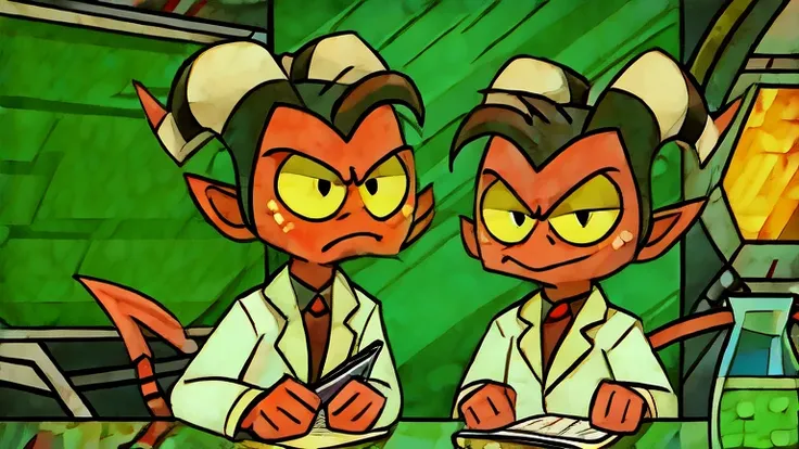 (masterpiece, best quality:1.2), Two Imp´s, serious face, wearing scientist clothes, writing on a notebook futuristic laboratory background