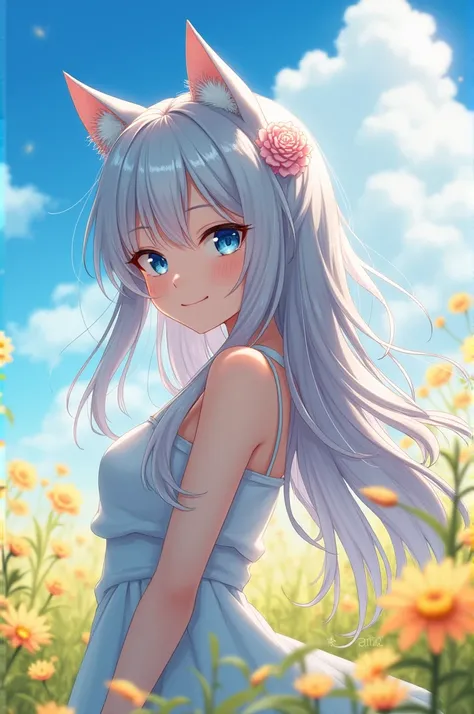 Grey Hair, Blue Eyes, woman, beautiful girl, kemonomimi, Long Hair, Everlasting love summer