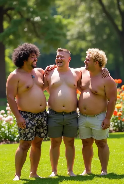 Three fat young men without shirts
