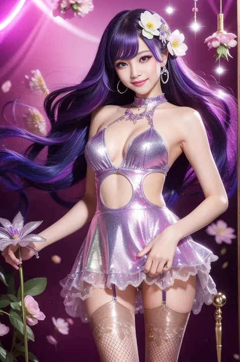 beautiful sexy model who controls poison、beautiful smile、lip-gloss、long lashes、metallic makeup、look at the camera、full body Esbian、、sparkling poisoned flower costume、、、、shiny sparkling multicolor hair、secrete poison、skull hair accessories、fishnet tights、sh...