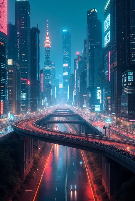 Turning Tokyo into a cyber city and establishing ICs and SAs、Night view of Tokyo, a metropolis with an elevated expressway equipped with PA system