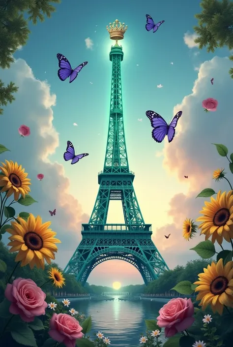 You can create a photo of the Eiffel Tower with the name Moon with aqua green color containing a crown, have purple butterflies and a reference with sunflowers and roses