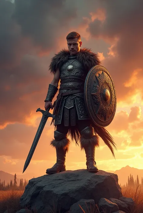 A young viking warrior with his full armor ,full body, standing straight, standing on a rock in a battle field, a viking sword on his hand , a viking shield on his other hand , real image, evening clouds on sky 