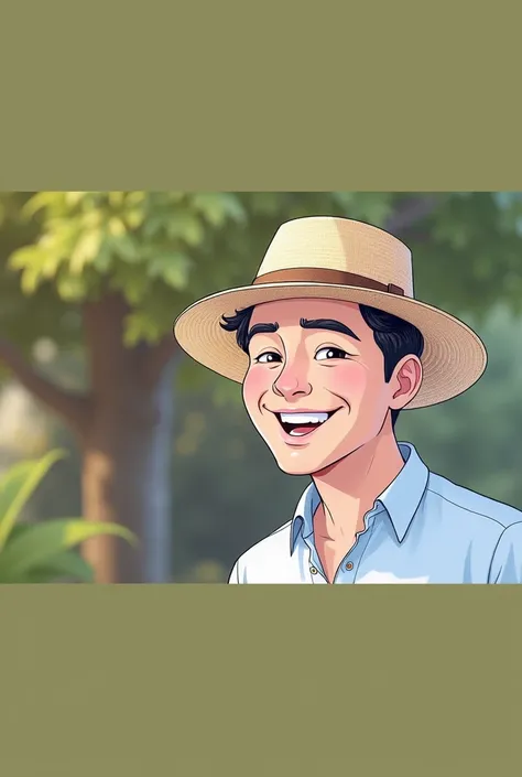 Cartoon character of a man blue shirt, 45 years old adult, an animated character, stylized character, animation style rendering, 3d stylized, A smiling man with short, dark hair wearing a light blue button-down shirt and a wide-brimmed straw hat. He is tur...