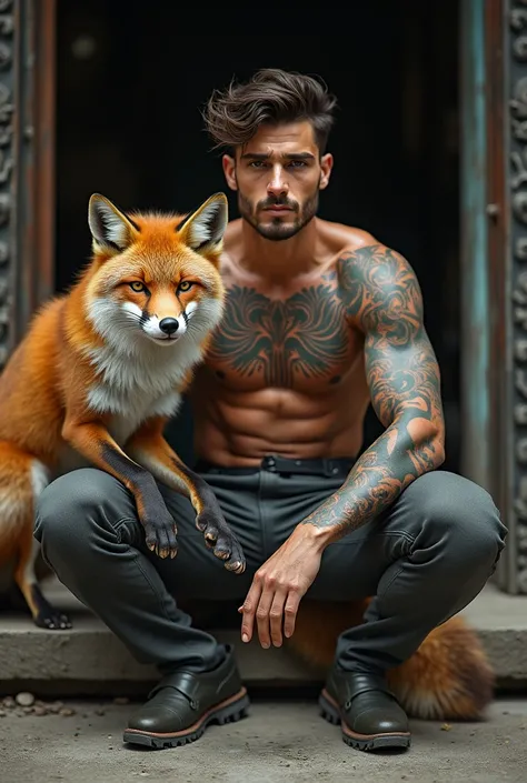 A photorealistic portrait of a insanely handsome man, no shirts, very strong, messy hair, chiseled and extremely tattooed sitting on a step next to a big fierce fox 9 tail, a large door as the background, a colorized photo by Jesse Richards, instagram cont...