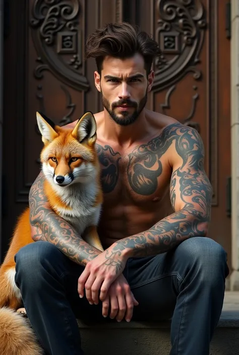 A photorealistic portrait of a insanely handsome man, no shirts, very strong, messy hair, chiseled and extremely tattooed sitting on a step next to a big fierce fox 9 tail, a large door as the background, a colorized photo by Jesse Richards, instagram cont...