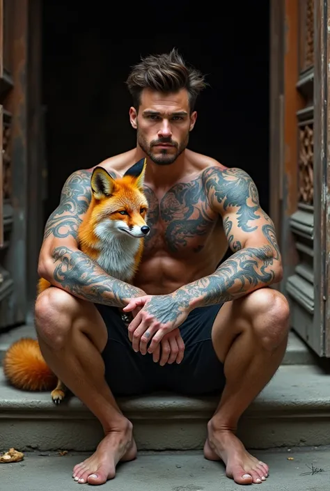 A photorealistic portrait of a insanely handsome man, no shirts, very strong, messy hair, chiseled and extremely tattooed sitting on a step next to a big fierce fox 9 tail, a large door as the background, a colorized photo by Jesse Richards, instagram cont...