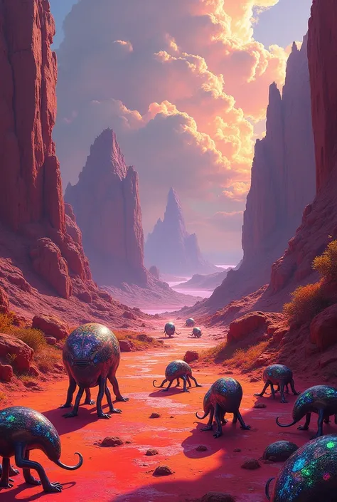 Life on Other Planets: Imagine and paint what life might look like on an exoplanet. Poster add alein creatures and ground looks similar to red colour moon as drawing add moving alein 
