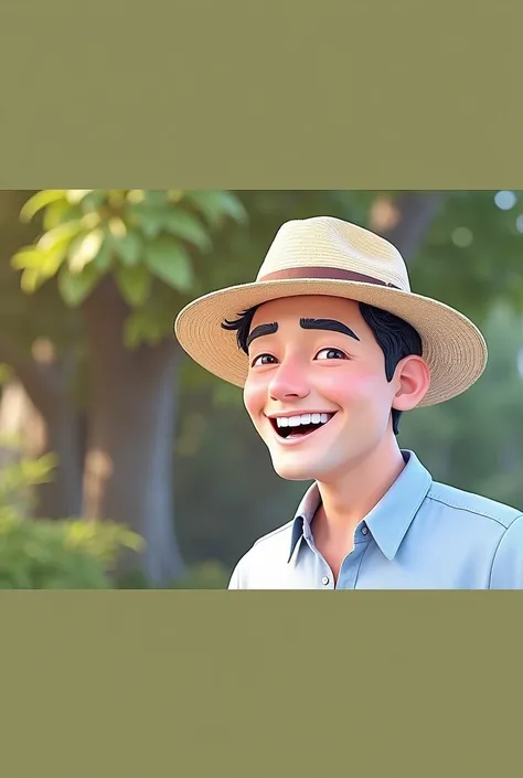 Cartoon character of a man blue shirt, 45 year old adult, an animated character, stylized character, animation style rendering, Stylized in 3D, A smiling man with short dark hair wearing a light blue button-down shirt and a wide-brimmed straw hat. He is tu...