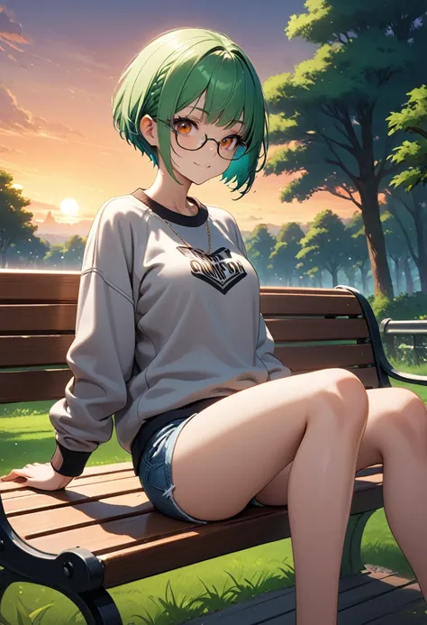 1girl, green hair, short hair, pixie cut, orange eyes, glasses, luxury sweatshirt, mini shorts, bare thighs sitting down, grinning, on a bench, outside scenery, trees, dusk sky, looking at viewer 