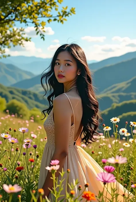 young woman、Long Black Hair、The background is a beautiful place