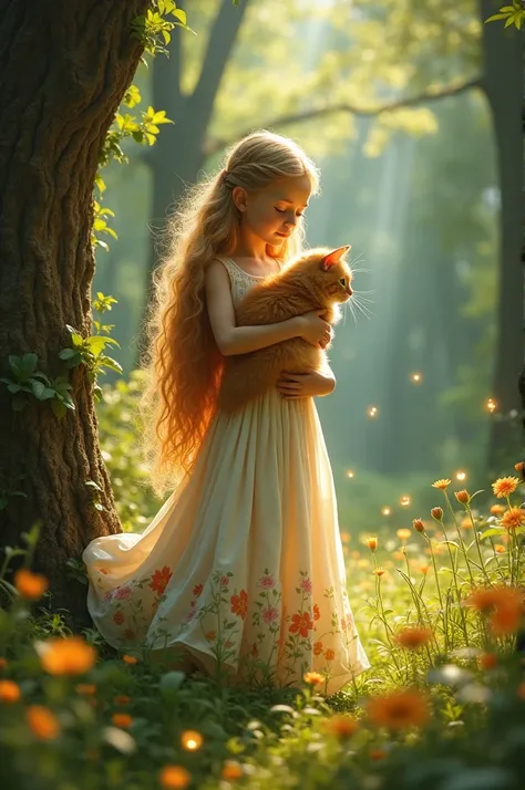 Long haired girl holding an orange cat, fairytale