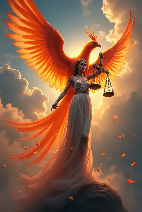 Lady justice with Phoenix in the back with falling feathers
