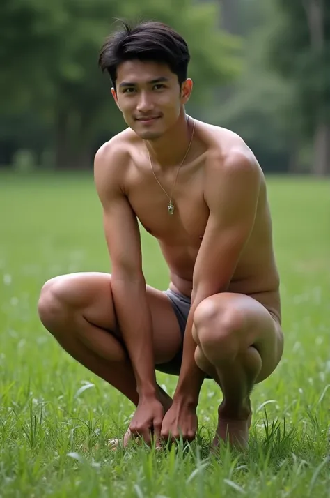 He is an Asian man in his 20s with fair skin, about 185 cm tall, good-looking, and well-built.、A man with a penis length of about 18 cm、Please make an image of a naked person defecating while squatting in a grassy area so that the feces can be seen.。