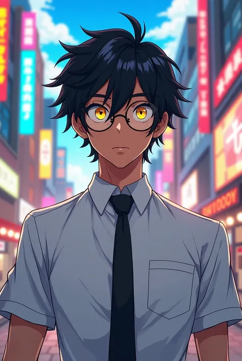  nerd with wavy black hair, and yellow eyes and tanned brown skin, white clothes with black tie, round glasses (アニメ)