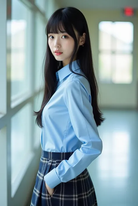 A Japanese high school girl with straight black hair and a nurse. A picture like a photograph.。

The uniform is a light blue shirt.。

The skirt is dark in color with a navy blue and gray check pattern.。

Skirt length is shorter than above the knee。
The len...