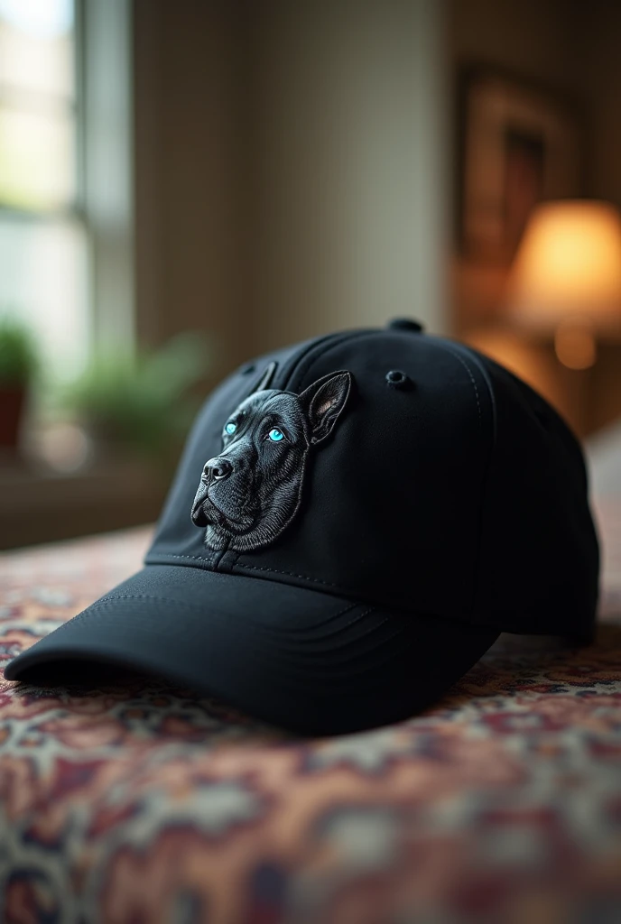 Realistic photo of black cap with logo of a black dog with blue eyes 