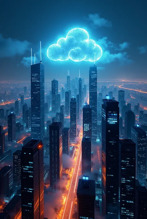 A futuristic cityscape at night, with sleek dark buildings illuminated by vibrant orange and blue neon lights. A large, glowing digital cloud icon hovers above the city, representing cloud computing. Thin, illuminated lines form a network across the city, ...