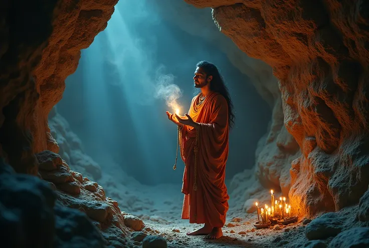 Depict Aditya performing a ritual or chanting mantras while operating the ancient device. The device should emit a mystical light that illuminates the cave walls with ancient images and stories."