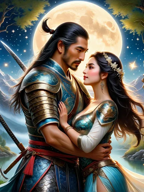 a vivid depiction of a romantic scene under the glistening stars and luminous moonlight. a brave middle-eastern samurai in his f...