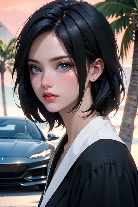 A girl with short black hair, heterochromia eyes, wearing a black suit top, red dress shirt, and straight dress pants, standing in Miami at sunset with a Ferrari and palm trees in the background, (best quality,4k,8k,highres,masterpiece:1.2),ultra-detailed,...