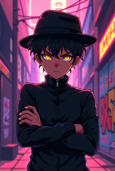 Black sleeved boy, intimidating yellow eyes, wear a hat on the side, your hair is black and curly short, your skin is tanned brown. (アニメ)