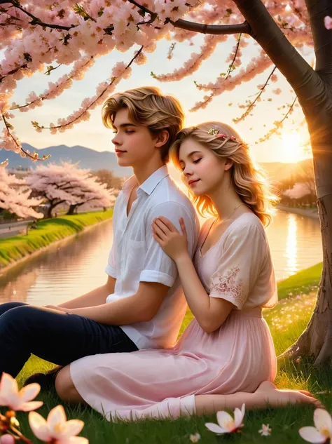 create an image of two teenagers sharing a romantic moment, not involving physical contact. the girl has short, wavy hair and th...