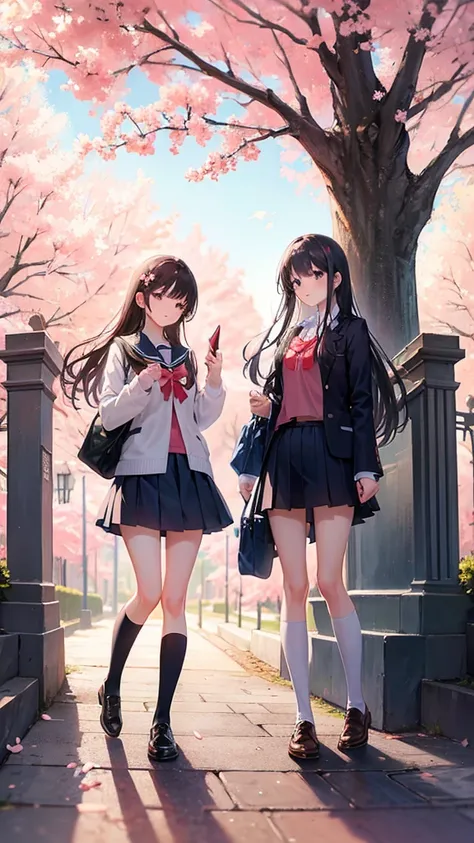 Beautiful high school girls, cherry blossom trees, in front of the school gates