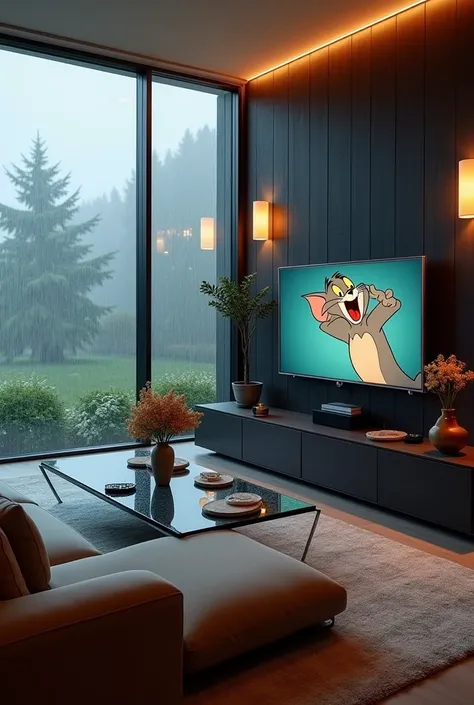 Picture has taken from the modren living room,
Modren living room has sofa tv on with tom and jerry center table watch and other necessary things, it has a big glass window and outsite its raining make it more beautiful 