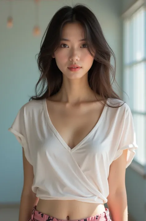 27 
Generate image of japanse woman wearing loose t shirt is little healthy means fat and the t shirt have v shaped neck to show her cleavage the womans looks beautiful like asian and wearing gorgeous and very bright in skin colour. Surrealis., portrai sho...