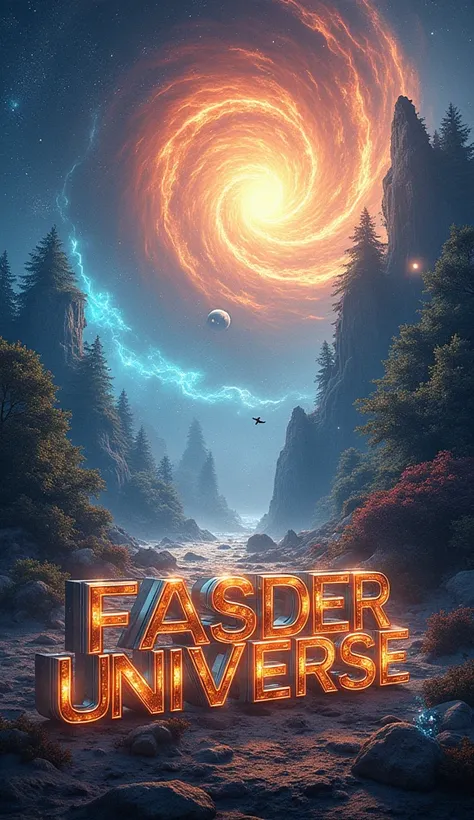 A SciFi, fantasy, mythology title word "FASDER UNIVERSE" written on the poster. ((there are bubbles, universe, light, thunder, fire, storm, cyclone, black hole, snow, nature, moon, sun, plants and trees, galaxy, winter, summer, crystal clear, gold, silver,...