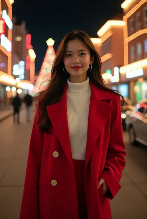 (High quality photo of a beautiful Indonesian woman in a red long coat, white turtleneck sweater and mini skirt), Realistic and beautiful skin texture, Shiny skin, Highly detailed face, Detailed eyes, Shiny lips, Looking at the viewer, Smile, Perfect body ...