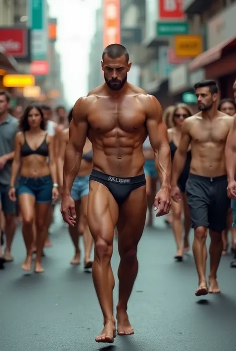 A muscle man, well-built, velludo, virile and attractive in underwear and barefoot, Walking ashamed and humiliated down the street, with people around