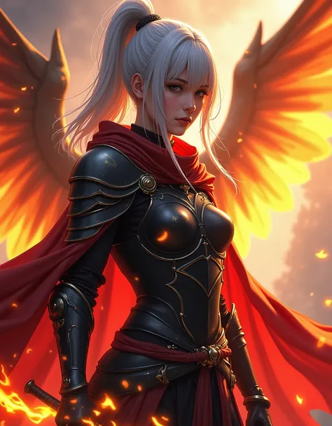 ((Super beautiful illustrations, 8K, masterpiece :1.2, Clear focus :1.2, Depth of Field:1.2)), Beautiful female swordsman, absurd, Highly detailed face and skin textures, Silver Hair, Black Armor, Flame armor, Cloak of flames, A flame-wrapped sword, Wings ...