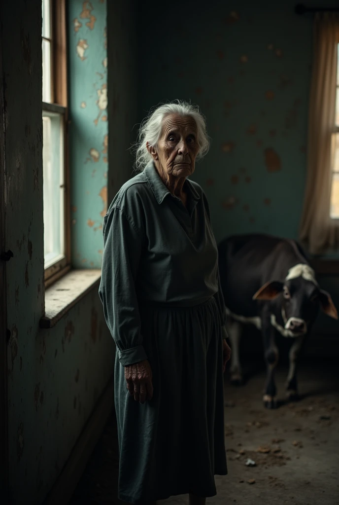 
13. **The Room’s Gloom and Tension**: The room is dimly lit, with dust in the air from the cow’s movement and the old woman’s anxious expression creating a tense and emotional atmosphere.