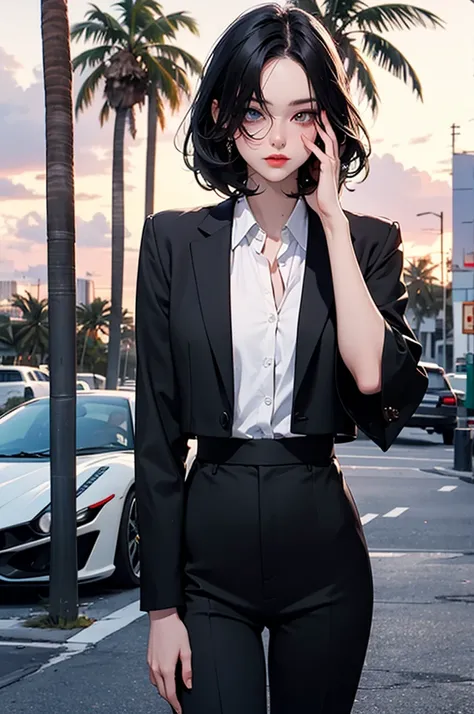 retro girl, short black hair, covering eyes, heterochromia eyes, pale skin, serious, black suit top, red dress shirt, stright dress pants, Miami, sunset, Ferrari, palm tree, 