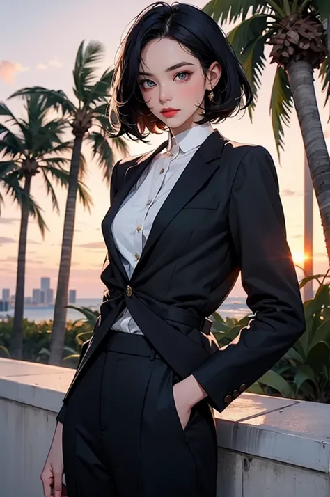 retro girl, short black hair, covering eyes, heterochromia eyes, pale skin, serious, black suit top, red dress shirt, stright dress pants, Miami, sunset, Ferrari, palm tree, 