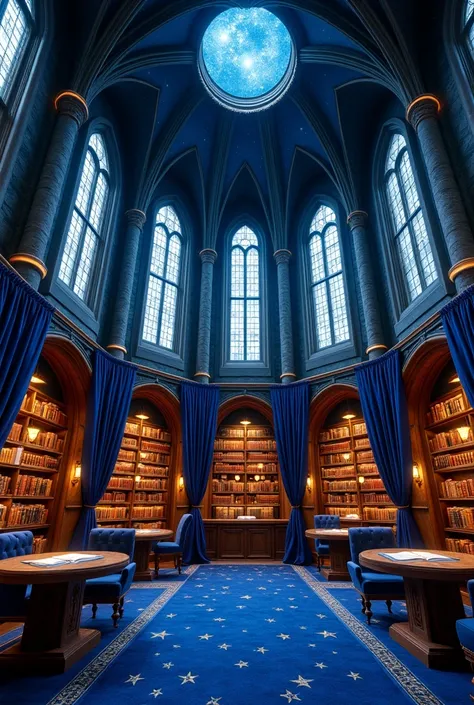 Castle Towers, Harry Potter, Ravenclaw, Halls, arched windows, Blue silk hanging on the walls, Starry vaulted ceilings, Dark blue carpet with stars, Tables, Sitting chairs, bookshelves on the floor  