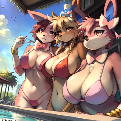 Uploaded to e621, (((by Zackary911, by Kenket, By Kilinah, by Zackary911))), (((sylveon)))，wear (((Gold wristbands and jewelry, Pink Bikini))), (Detailed Sylvain), (Vaporization details), (Detailed lighting),(Detailed fur), (Detailed breasts), (detailed sk...