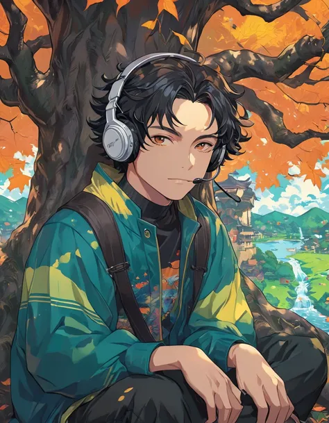 a painting of a man sitting under a tree with headphones on, lofi portrait, lofi artstyle, lofi art, artwork in the style of guweiz, makoto shinkai cyril rolando, handsome guy in demon slayer art, detailed fanart, highly detailed exquisite fanart, high det...