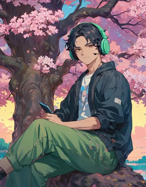 a painting of a man sitting under a tree with headphones on, lofi portrait, lofi artstyle, lofi art, artwork in the style of guweiz, makoto shinkai cyril rolando, handsome guy in demon slayer art, detailed fanart, highly detailed exquisite fanart, high det...