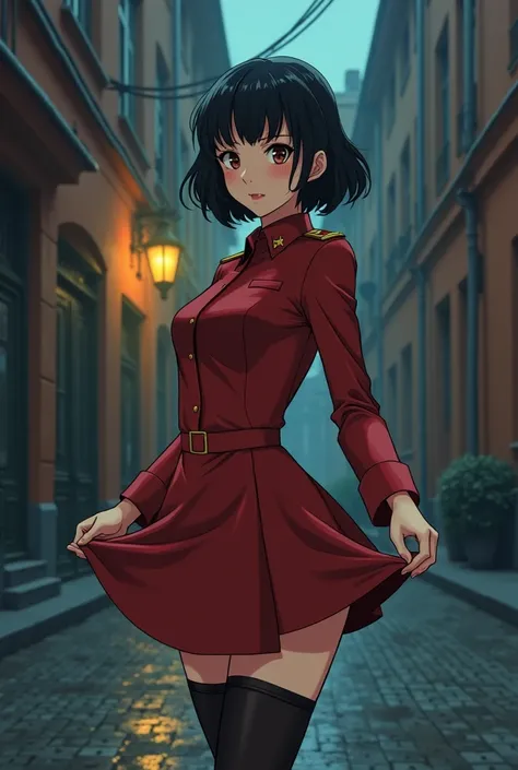 Anime, Short black hair with bangs,  Narrow waist, Wearing a Soviet uniform,((Pull up your skirt)),open crotch black tights,pussy,Shaved pussy,Moscow alley