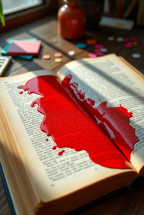 Red nail polish spilled on an open school literature book