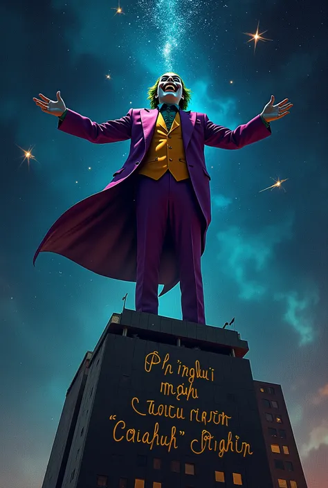 DC comics, The joker (insane smile, big stary eyes, trademark purple outfit, arms out) standing on the roof of a skyscraper, viewed from a low angle behind shoulder, insane starry night with evil stars. DC comics,  "Phnglui mglwnafh Cthulhu Rlyeh wgahnagl ...