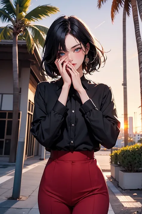 retro girl, short black hair, covering eyes, heterochromia eyes, pale skin, serious, black suit top, red dress shirt, stright dress pants, Miami, sunset, palm tree, 