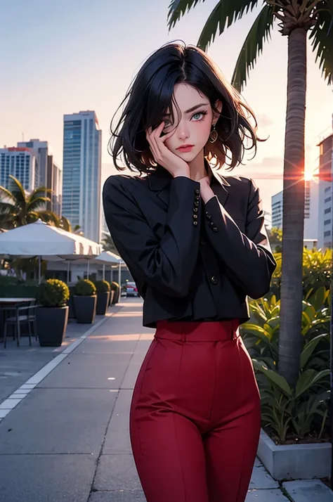 retro girl, short black hair, covering eyes, heterochromia eyes, pale skin, serious, black suit top, red dress shirt, stright dress pants, Miami, sunset, palm tree, 