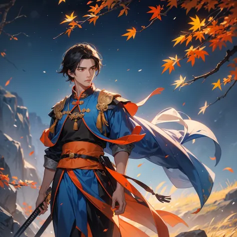 Handsome black-haired male general holding a large sword in blue ancient Chinese general costume, walking In the middle of a spring mountain ,the backdrop is a mountain that turns orange-red in spring, and maple leaves fall from the trees.